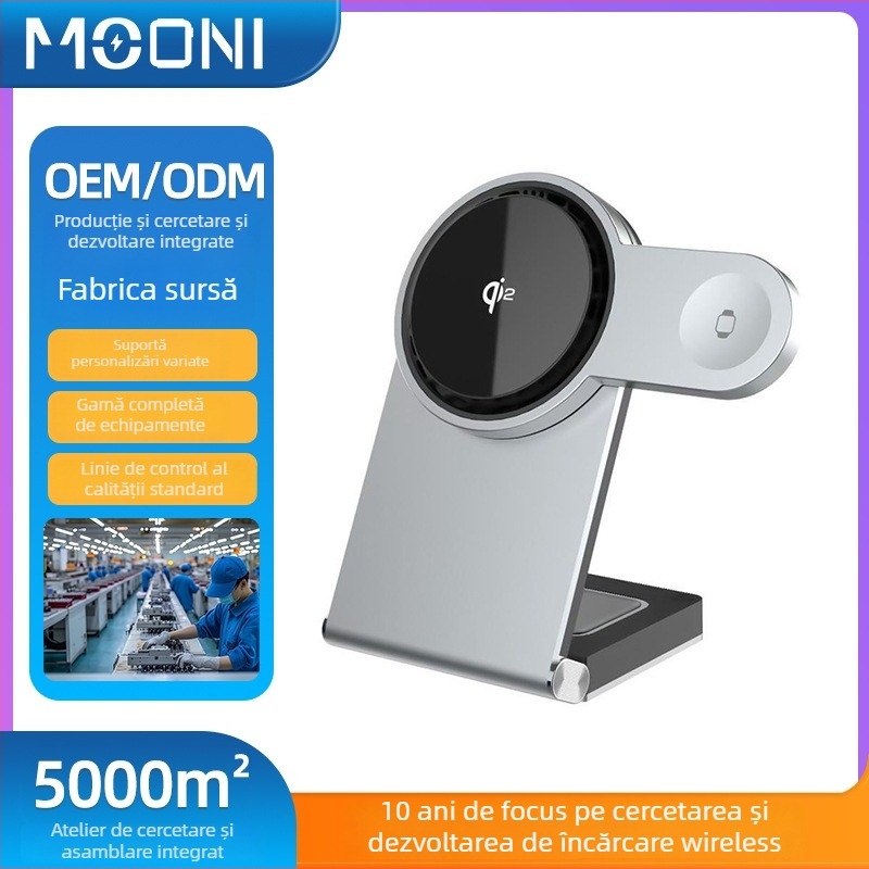 Suport de încărcare wireless 3-în-1 cu disipare termică eficientă pentru iPhone, Apple Watch și AirPods; putere maximă de 15W; încărcare magnetică; protocol QC4.0; design pliabil și portabil