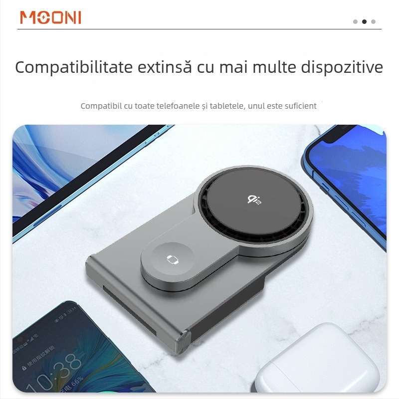 Suport de încărcare wireless 3-în-1 cu disipare termică eficientă pentru iPhone, Apple Watch și AirPods; putere maximă de 15W; încărcare magnetică; protocol QC4.0; design pliabil și portabil