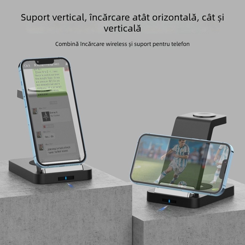 Stație de încărcare wireless 3-în-1 pentru ceas și telefon, design vertical, încărcare rapidă 15W, QC3.0, 3A, ABS+PC anti-derapant