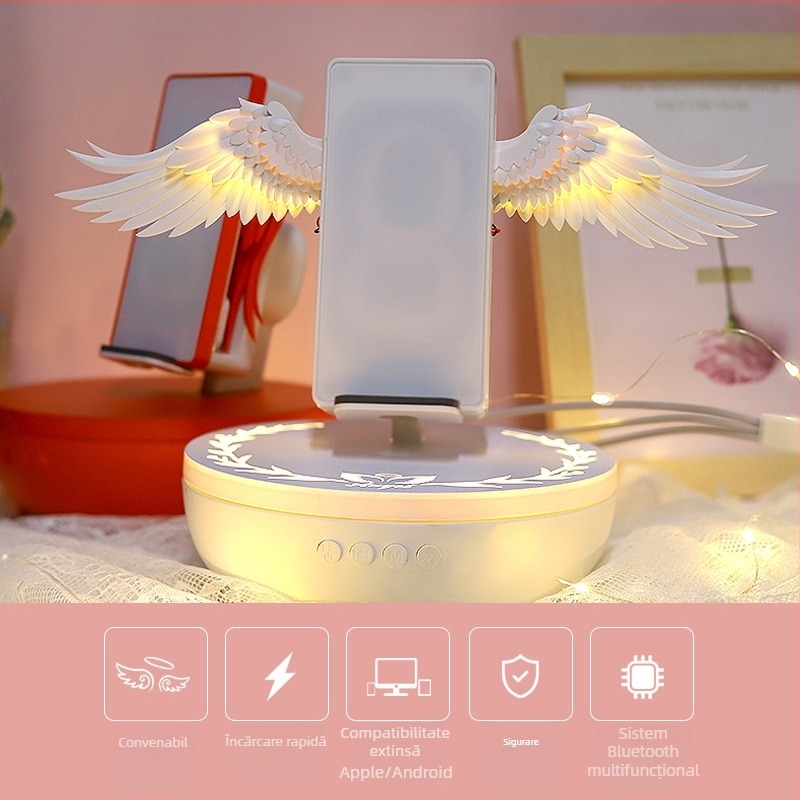 Încărcător wireless cu difuzor Bluetooth și suport pentru telefon — încărcare wireless de 10W, QC3.0 încărcare rapidă, interfață Type-C, certificat ROHS