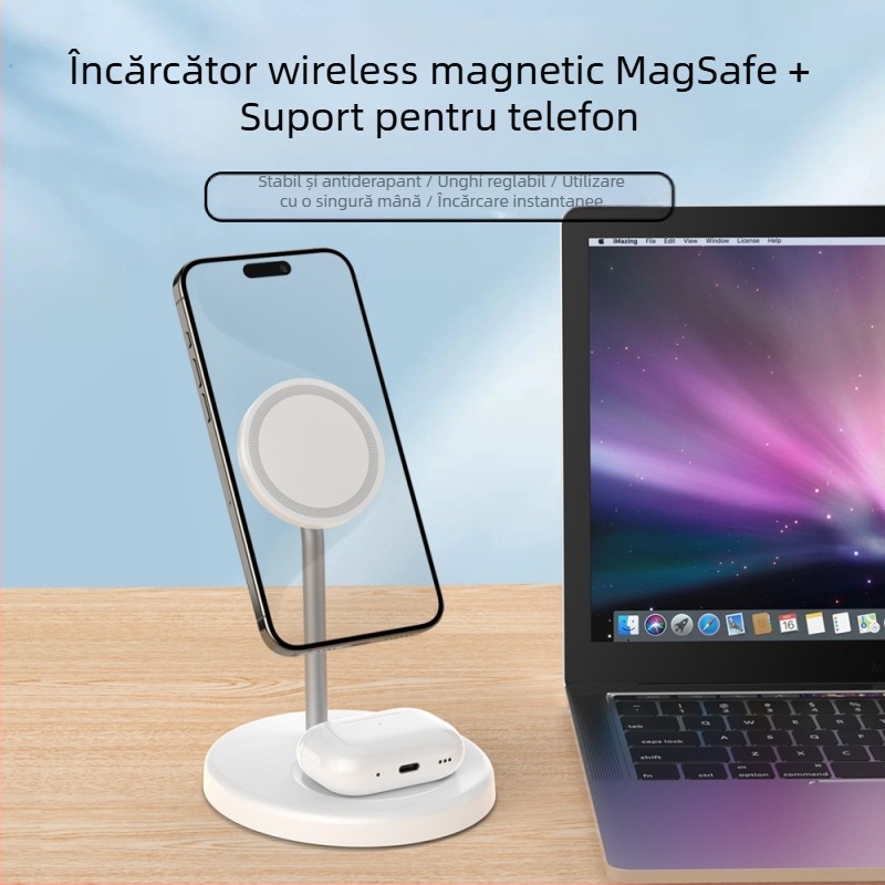 Suport magnetic 2 în 1 și încărcător wireless de 15W, PD încărcare rapidă, compatibil cu seria iPhone 15