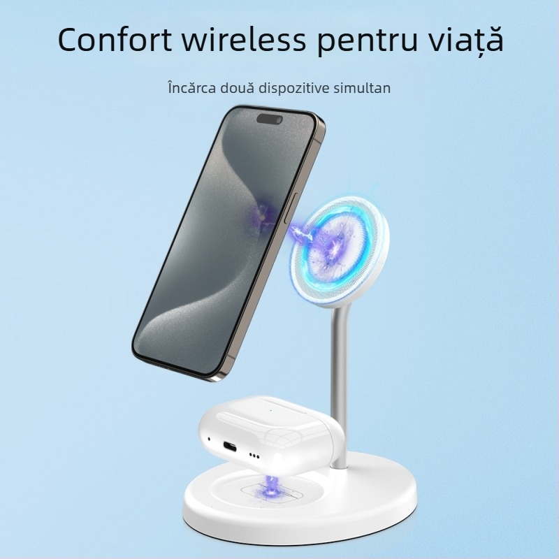 Suport magnetic 2 în 1 și încărcător wireless de 15W, PD încărcare rapidă, compatibil cu seria iPhone 15