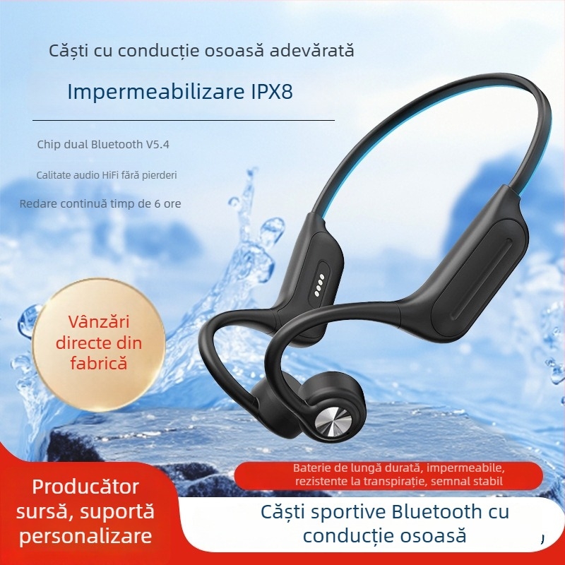 Căști Bluetooth cu conducție osoasă, luminoase, rezistente la apă IPX8, memorie încorporată și autonomie lungă pentru sport