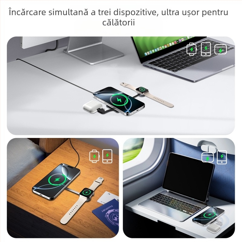 Încărcător wireless 3 în 1 pentru birou QI2 pentru Apple Watch, încărcare magnetică, încărcare rapidă, putere totală 22,5W, ieșire 15W/10W/7,5W/5W