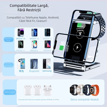 Suport de birou 3 în 1 cu încărcare wireless rapidă, pliere și spațiu de depozitare, încărcare magnetică, afișaj digital pentru iPhone 15 (până la 15W)