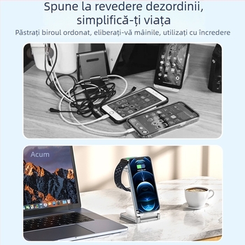 Suport de birou 3 în 1 cu încărcare wireless rapidă, pliere și spațiu de depozitare, încărcare magnetică, afișaj digital pentru iPhone 15 (până la 15W)