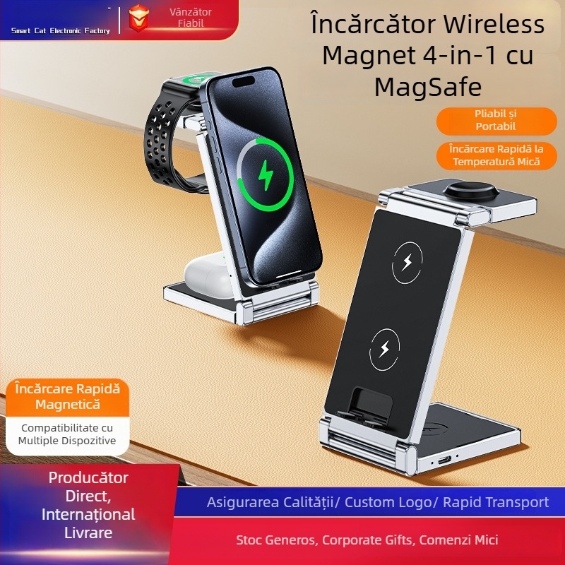Suport de birou 3 în 1 cu încărcare wireless rapidă, pliere și spațiu de depozitare, încărcare magnetică, afișaj digital pentru iPhone 15 (până la 15W)
