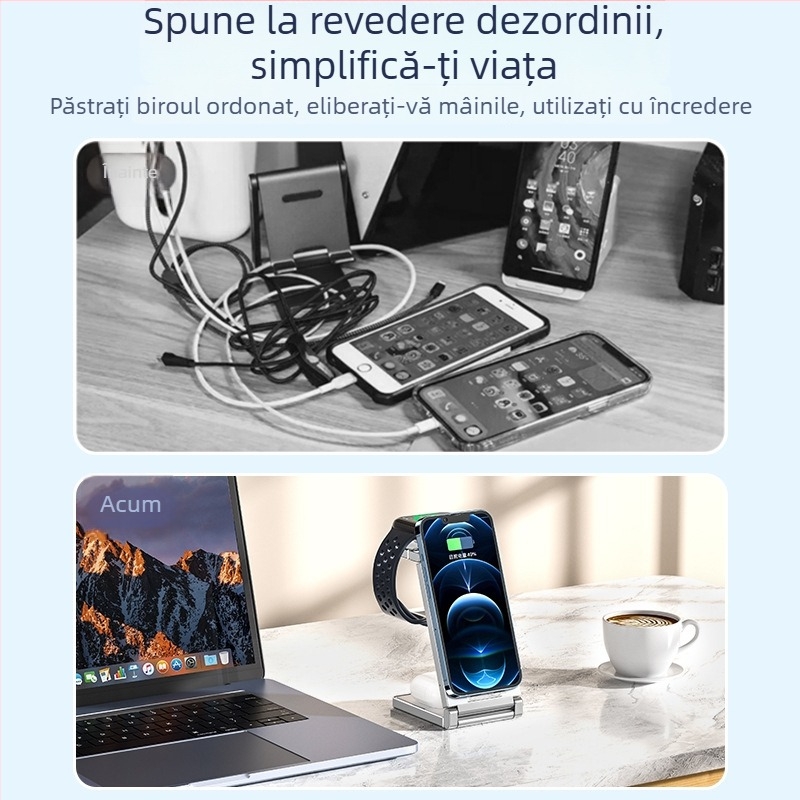 Suport de birou 3 în 1 cu încărcare wireless rapidă, pliere și spațiu de depozitare, încărcare magnetică, afișaj digital pentru iPhone 15 (până la 15W)