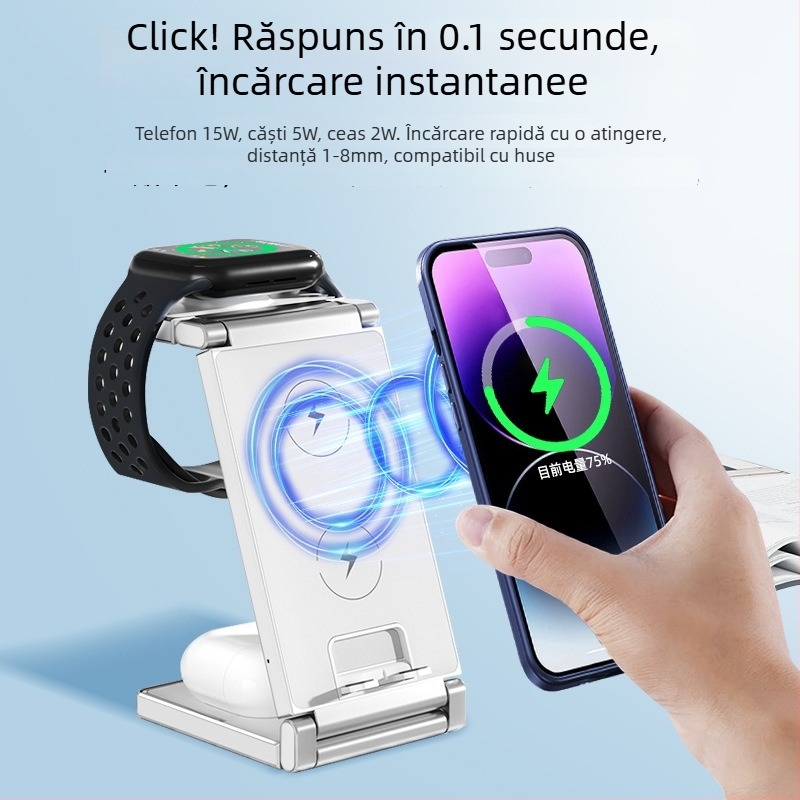 Suport de birou 3 în 1 cu încărcare wireless rapidă, pliere și spațiu de depozitare, încărcare magnetică, afișaj digital pentru iPhone 15 (până la 15W)
