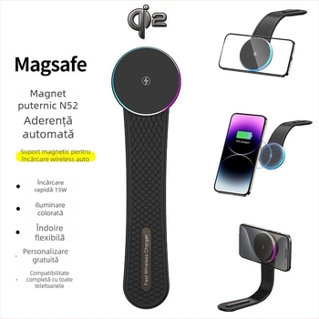 Încărcător auto wireless cu Qi2, prindere magnetică puternică, suport telefon pliabil, încărcare 15W QC3.0