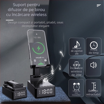 Suport pentru telefon pliabil 3 în 1 cu încărcător wireless 15W, difuzor Bluetooth, ceas de alarmă și zgomot alb pentru somn