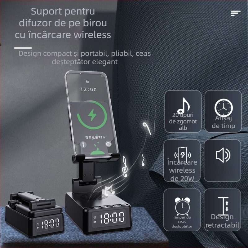 Suport pentru telefon pliabil 3 în 1 cu încărcător wireless 15W, difuzor Bluetooth, ceas de alarmă și zgomot alb pentru somn