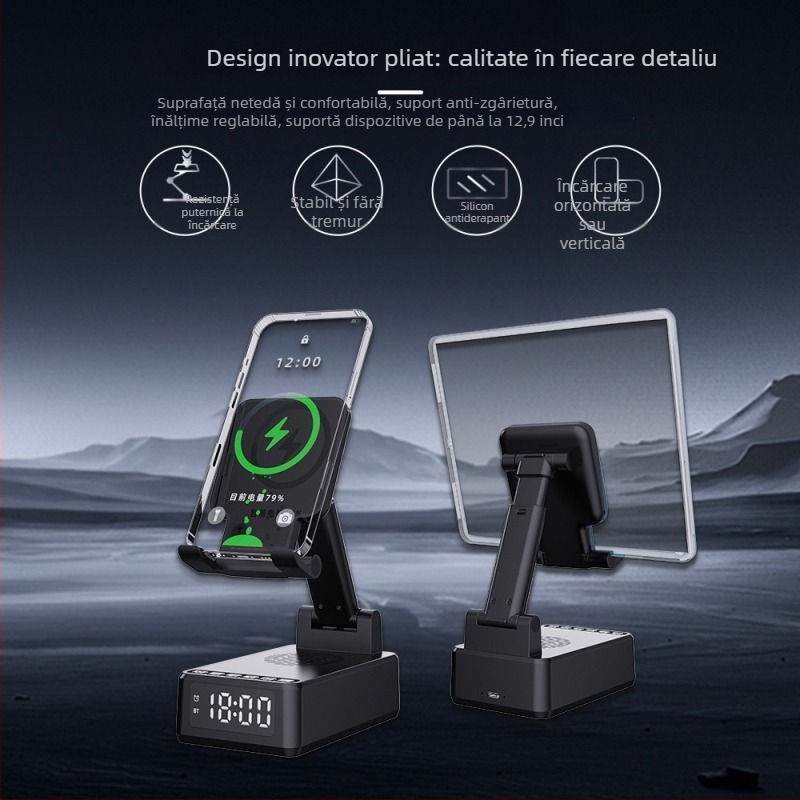 Suport pentru telefon pliabil 3 în 1 cu încărcător wireless 15W, difuzor Bluetooth, ceas de alarmă și zgomot alb pentru somn