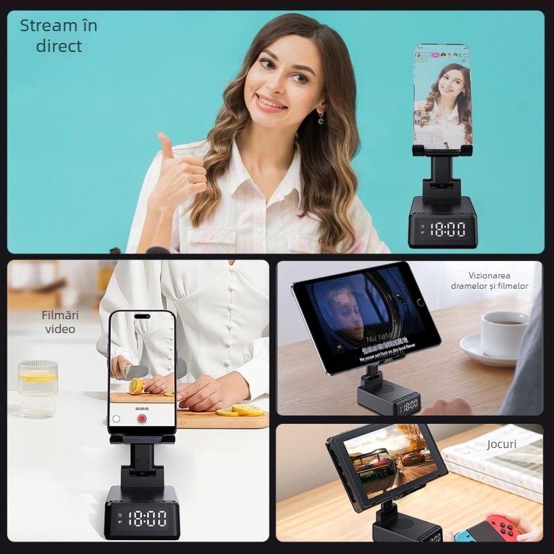 Suport pentru telefon pliabil 3 în 1 cu încărcător wireless 15W, difuzor Bluetooth, ceas de alarmă și zgomot alb pentru somn