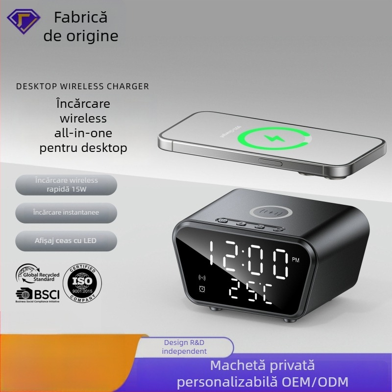 Ceas deșteptător cu încărcare wireless, afișaj dată și temperatură, 15W QC 3.0, 1.7A