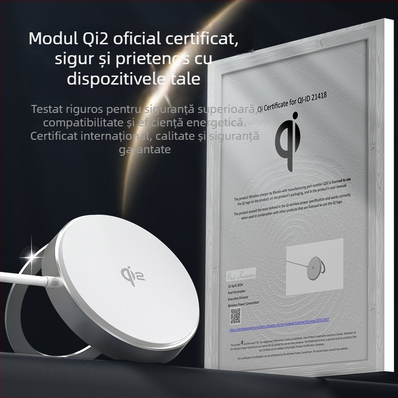 Încărcător wireless Qi2 cu suport – 15W încărcare rapidă fără fir, magnetică, din aliaj de aluminiu, QC3.0, pentru Q20