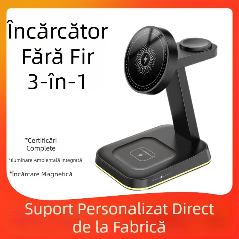 Încărcător magnetic wireless cu lampă de noapte și suport de birou pentru iPhone și Apple Watch, QC3.0, 15W, 3A