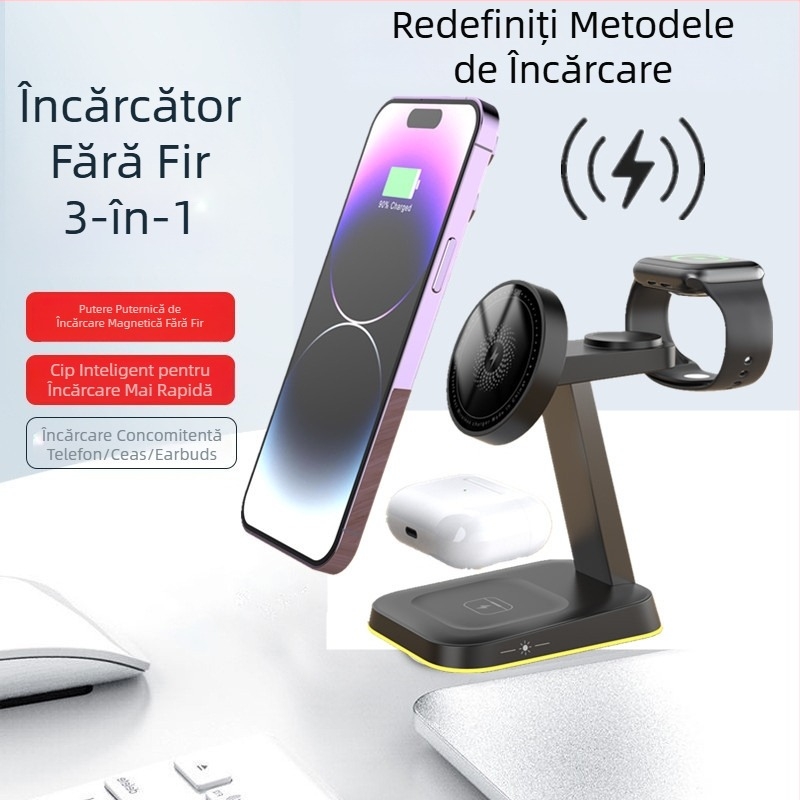 Încărcător magnetic wireless cu lampă de noapte și suport de birou pentru iPhone și Apple Watch, QC3.0, 15W, 3A