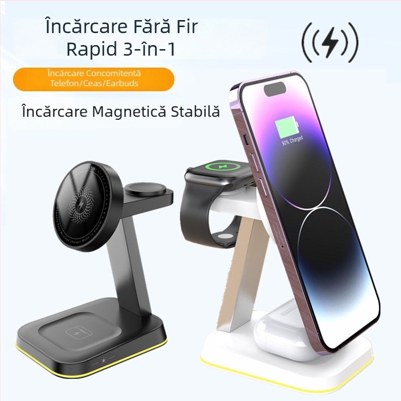 Încărcător magnetic wireless cu lampă de noapte și suport de birou pentru iPhone și Apple Watch, QC3.0, 15W, 3A