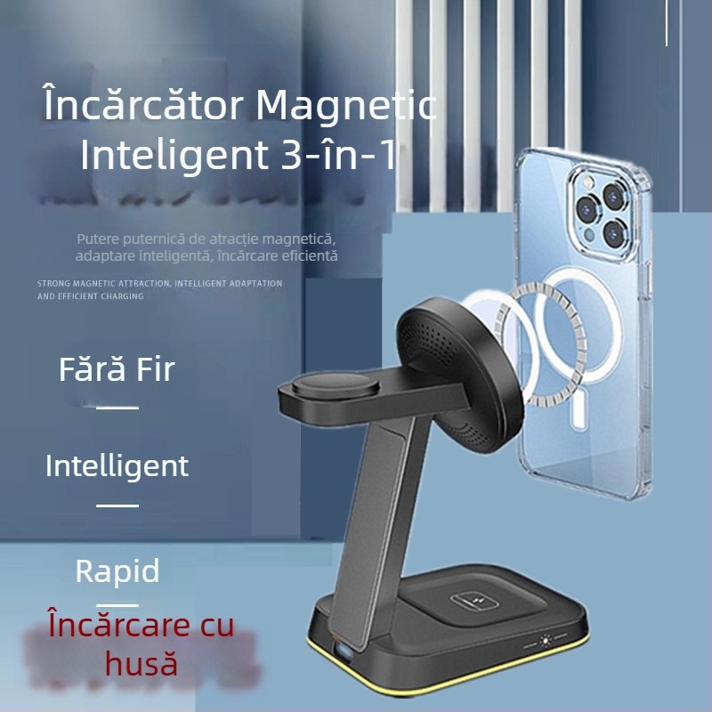 Încărcător magnetic wireless cu lampă de noapte și suport de birou pentru iPhone și Apple Watch, QC3.0, 15W, 3A