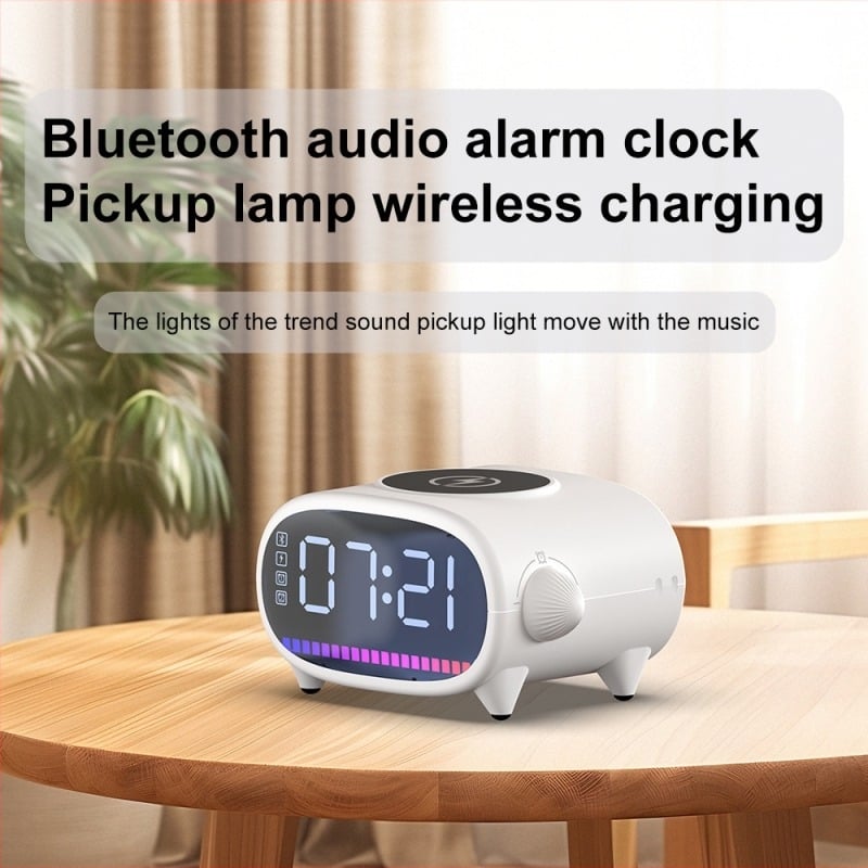 Ceas cu alarmă, difuzor Bluetooth, iluminare ambientală de noapte și încărcător wireless pentru birou; încărcare Qi 5W–15W, QC3.0, încărcare magnetică, curent de 2.2A