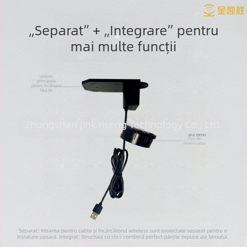 Încărcător desktop 3 în 1 pentru mobilier încorporat, cu orificiu pentru cabluri, două porturi USB și încărcare wireless de 15W, certificat CE