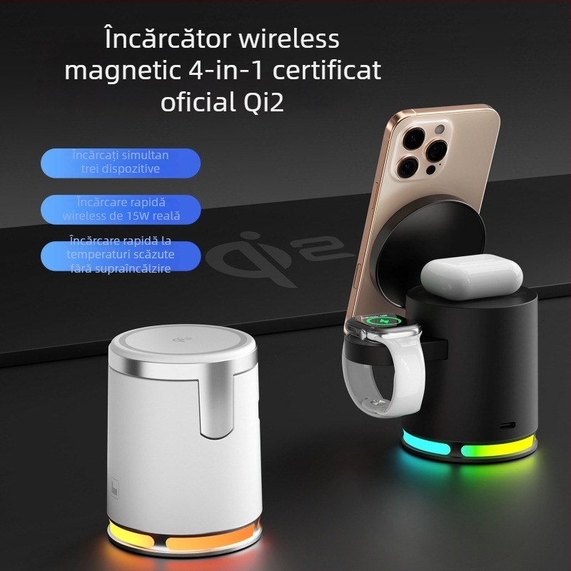 Încărcător wireless 3 în 1 cu MagSafe, 15W pentru telefon, 5W pentru căști, 3W pentru ceas, lumină ambiental RGB pe birou