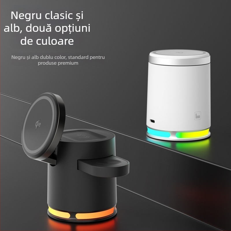 Încărcător wireless 3 în 1 cu MagSafe, 15W pentru telefon, 5W pentru căști, 3W pentru ceas, lumină ambiental RGB pe birou