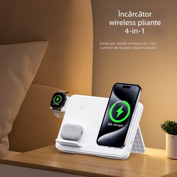 Încărcător wireless 4 în 1 pentru iPhone, AirPods și Apple Watch, cu design magnetic pliabil și încărcare rapidă, 33W total (telefon până la 15W, căști 2,5W) QC3.0