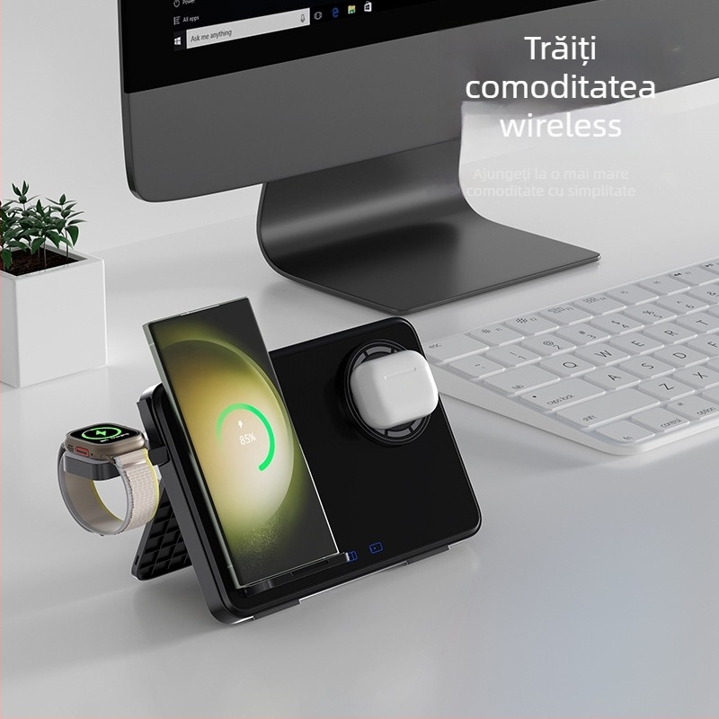Încărcător wireless 4 în 1 pentru iPhone, AirPods și Apple Watch, cu design magnetic pliabil și încărcare rapidă, 33W total (telefon până la 15W, căști 2,5W) QC3.0