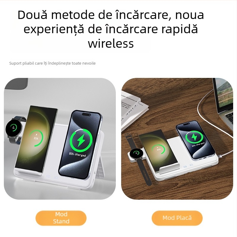 Încărcător wireless 4 în 1 pentru iPhone, AirPods și Apple Watch, cu design magnetic pliabil și încărcare rapidă, 33W total (telefon până la 15W, căști 2,5W) QC3.0