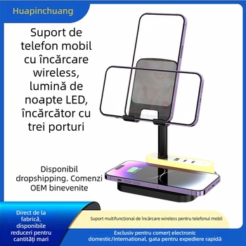 Încărcător wireless cu suport pentru telefon, 15W încărcare rapidă, lampă LED de veghe, încărcător desktop cu trei porturi