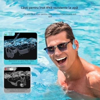 Căști cu conductivitate osoasă, bandă pentru cap, IPX8 impermeabile, Bluetooth 5.4, rază 10 m, autonomie baterie 4–8 ore