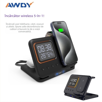 Încărcător wireless pliabil trei în unu pentru telefoane Apple și Huawei, căști și ceas — ieșire 15W, putere totală 18W, QC3.0 încărcare rapidă