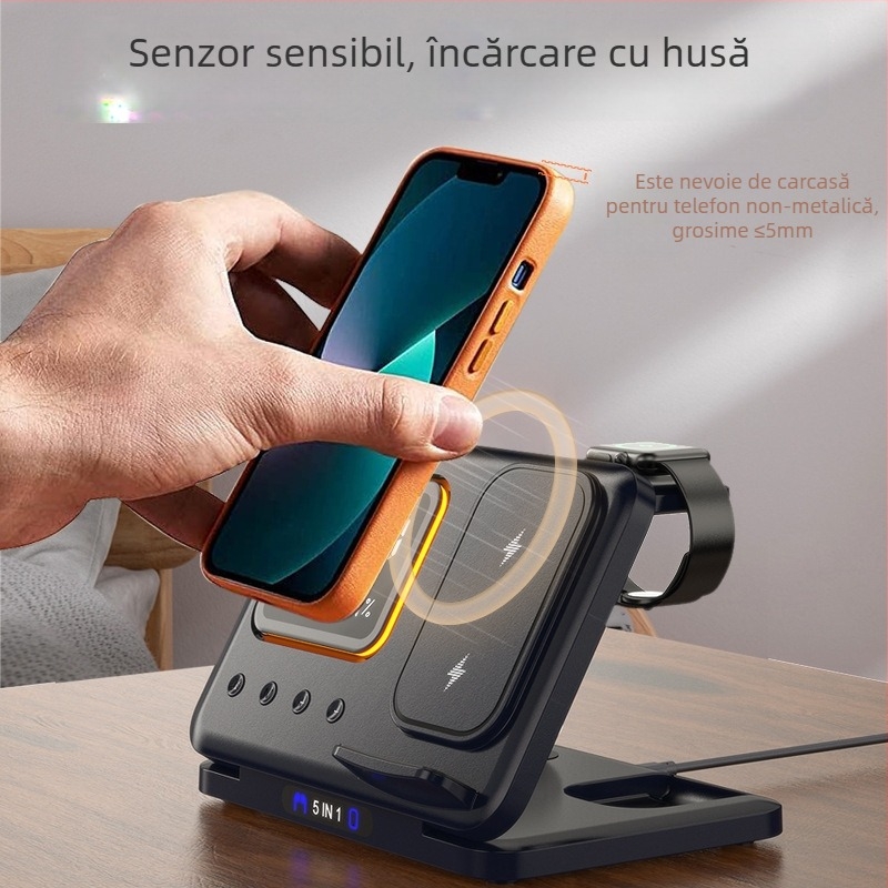 Încărcător wireless pliabil trei în unu pentru telefoane Apple și Huawei, căști și ceas — ieșire 15W, putere totală 18W, QC3.0 încărcare rapidă