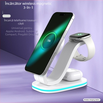 Încărcător wireless magnetic 3 în 1 pentru dispozitive Apple (iPhone, AirPods, Apple Watch) – încărcare rapidă 15W, 2A, QC3.0
