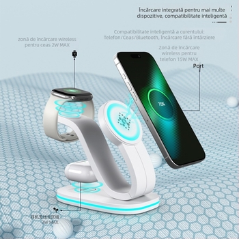 Încărcător wireless magnetic 3 în 1 pentru dispozitive Apple (iPhone, AirPods, Apple Watch) – încărcare rapidă 15W, 2A, QC3.0