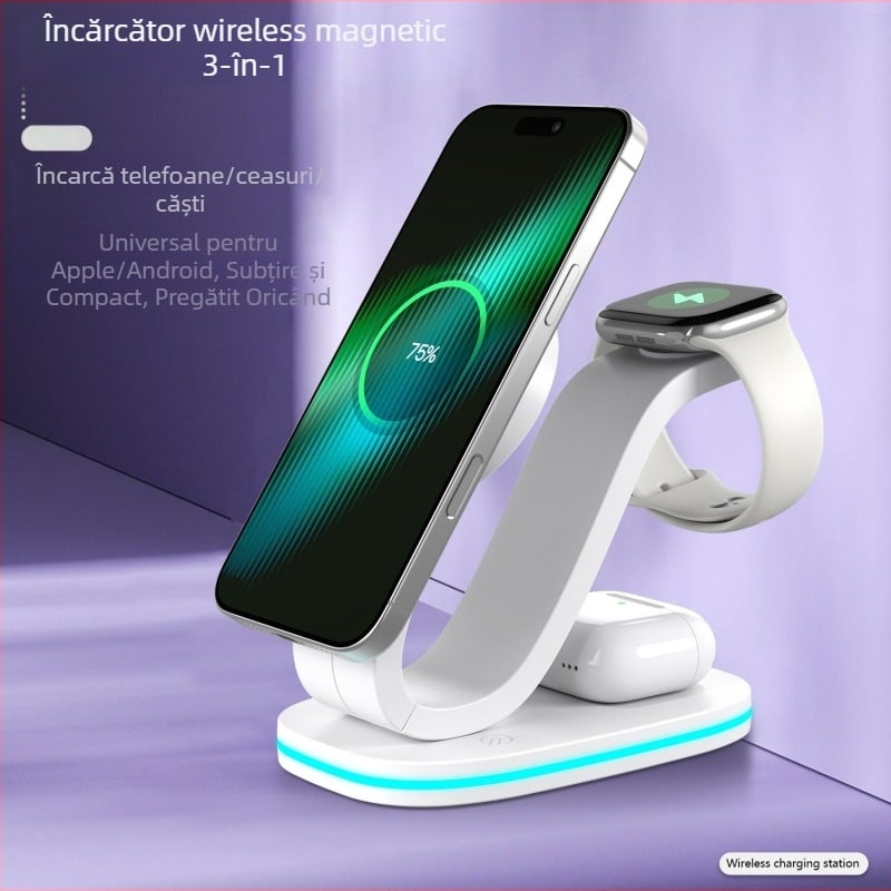 Încărcător wireless magnetic 3 în 1 pentru dispozitive Apple (iPhone, AirPods, Apple Watch) – încărcare rapidă 15W, 2A, QC3.0
