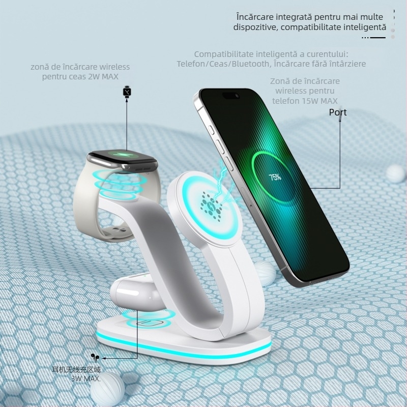 Încărcător wireless magnetic 3 în 1 pentru dispozitive Apple (iPhone, AirPods, Apple Watch) – încărcare rapidă 15W, 2A, QC3.0