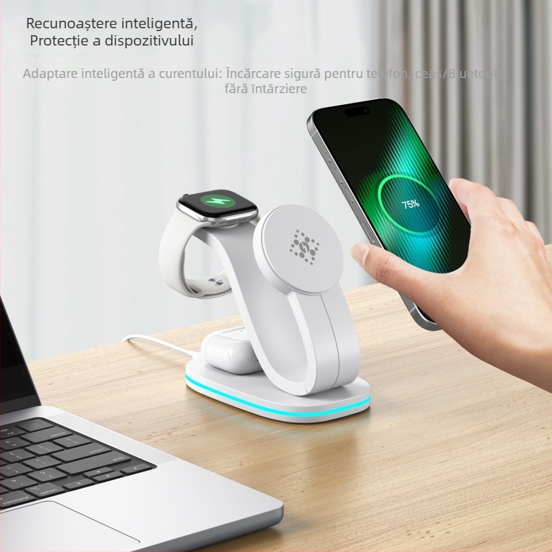 Încărcător wireless magnetic 3 în 1 pentru dispozitive Apple (iPhone, AirPods, Apple Watch) – încărcare rapidă 15W, 2A, QC3.0