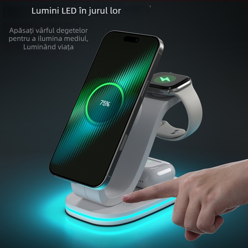 Încărcător wireless magnetic 3 în 1 pentru dispozitive Apple (iPhone, AirPods, Apple Watch) – încărcare rapidă 15W, 2A, QC3.0