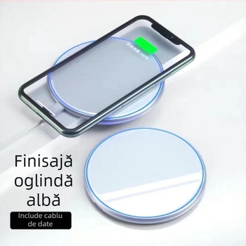 Încărcător wireless de birou circular, cu finisaj oglindă și lumină pulsantă, până la 15W, suport QC3.0/4.0 și PD 20W/35W