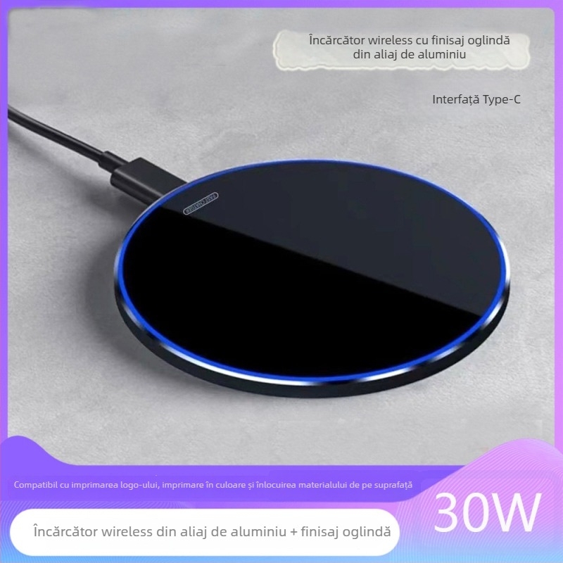 Încărcător wireless de birou circular, cu finisaj oglindă și lumină pulsantă, până la 15W, suport QC3.0/4.0 și PD 20W/35W