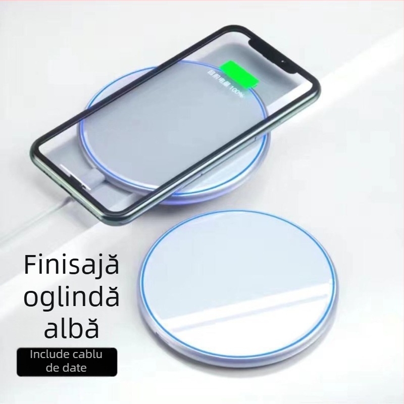 Încărcător wireless de birou circular, cu finisaj oglindă și lumină pulsantă, până la 15W, suport QC3.0/4.0 și PD 20W/35W