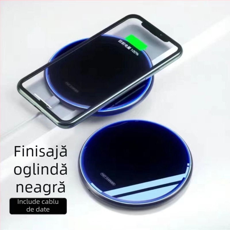 Încărcător wireless de birou circular, cu finisaj oglindă și lumină pulsantă, până la 15W, suport QC3.0/4.0 și PD 20W/35W