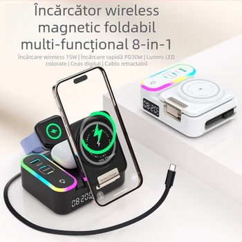 Încărcător wireless MagSafe pliabil, cablu retractabil 80 cm, 1 port USB-A și 2 USB-C, PD încărcare rapidă, afișaj ceas digital