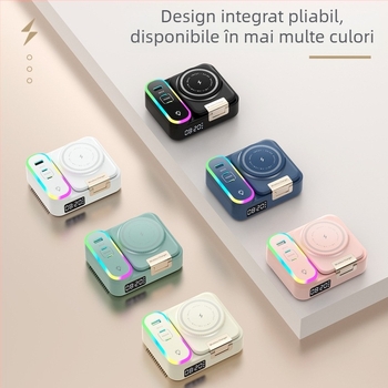 Încărcător wireless MagSafe pliabil, cablu retractabil 80 cm, 1 port USB-A și 2 USB-C, PD încărcare rapidă, afișaj ceas digital