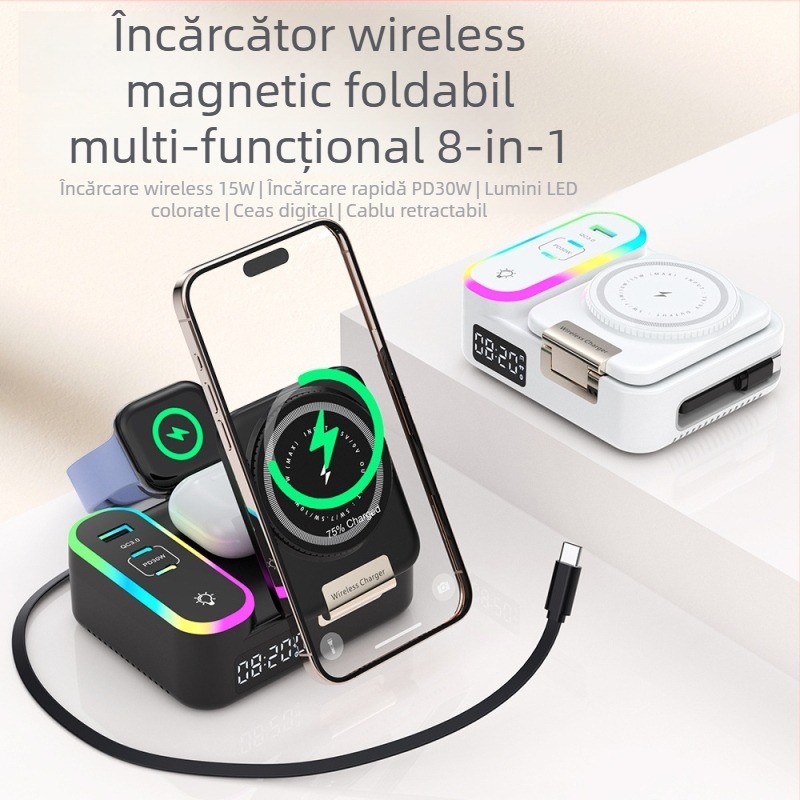 Încărcător wireless MagSafe pliabil, cablu retractabil 80 cm, 1 port USB-A și 2 USB-C, PD încărcare rapidă, afișaj ceas digital