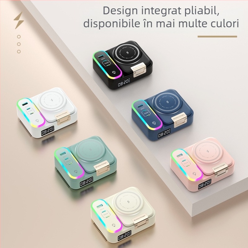 Încărcător wireless MagSafe pliabil, cablu retractabil 80 cm, 1 port USB-A și 2 USB-C, PD încărcare rapidă, afișaj ceas digital