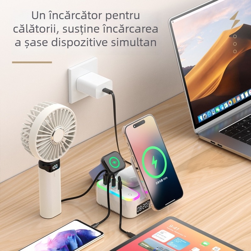 Încărcător wireless MagSafe pliabil, cablu retractabil 80 cm, 1 port USB-A și 2 USB-C, PD încărcare rapidă, afișaj ceas digital